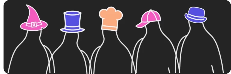 Five minimalist human figures wearing different colorful hats representing professions or roles on a dark background.