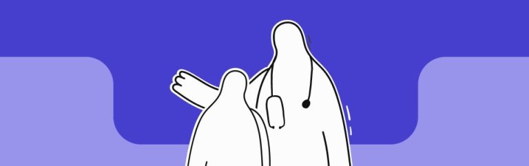 Health professional with stethoscope accompanies a person, on a blue background with minimalist style.