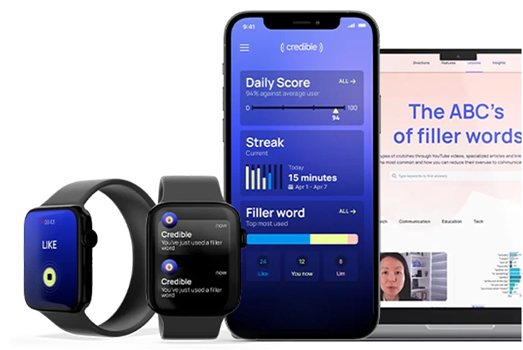 Devices (smartphones, watches, laptops) displaying the interface of the “credible” application.