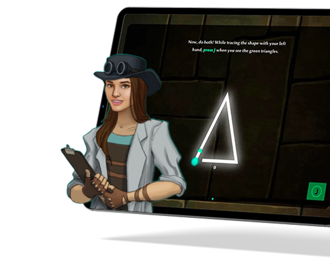Smiling woman in white coat holds clipboard near tablets with a video game.