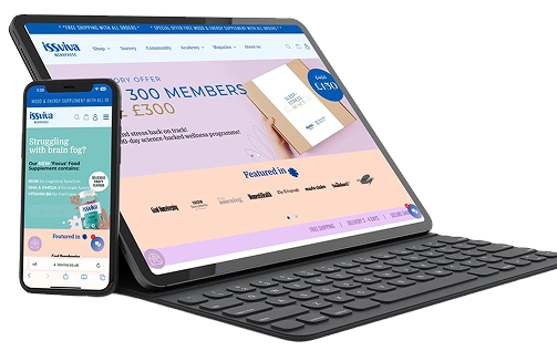 Smartphone and tablet show the "issviva" wellness website promoting supplements and offers.