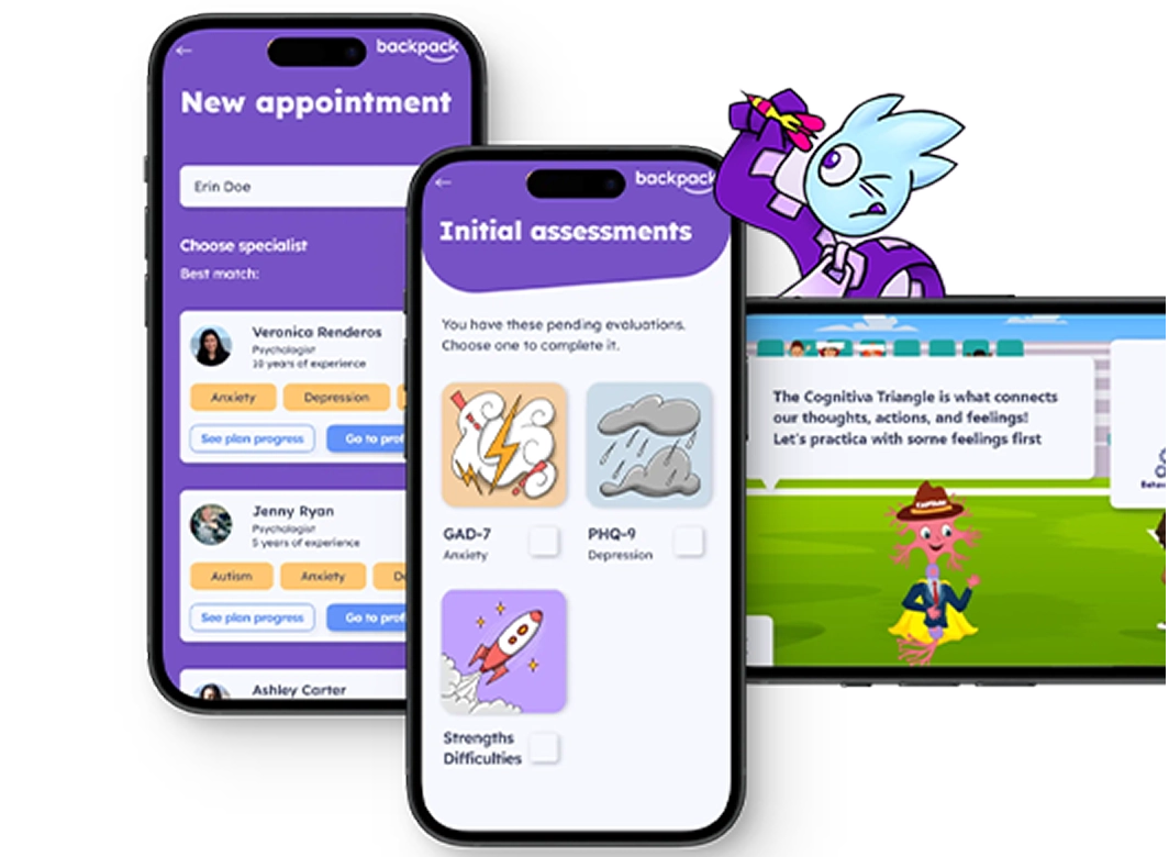 Devices displaying the interfaces of the “backpack” application (appointments, assessments, and education).