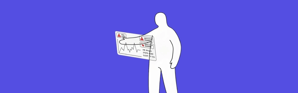 An illustration of Robin in a dynamic, forward-leaning pose, with an outstretched arm interacting with a floating digital interface. In front of his hand is a dashboard-style panel displaying graphics, alerts, and health data, conveying active use of technology and a modern digital health environment.