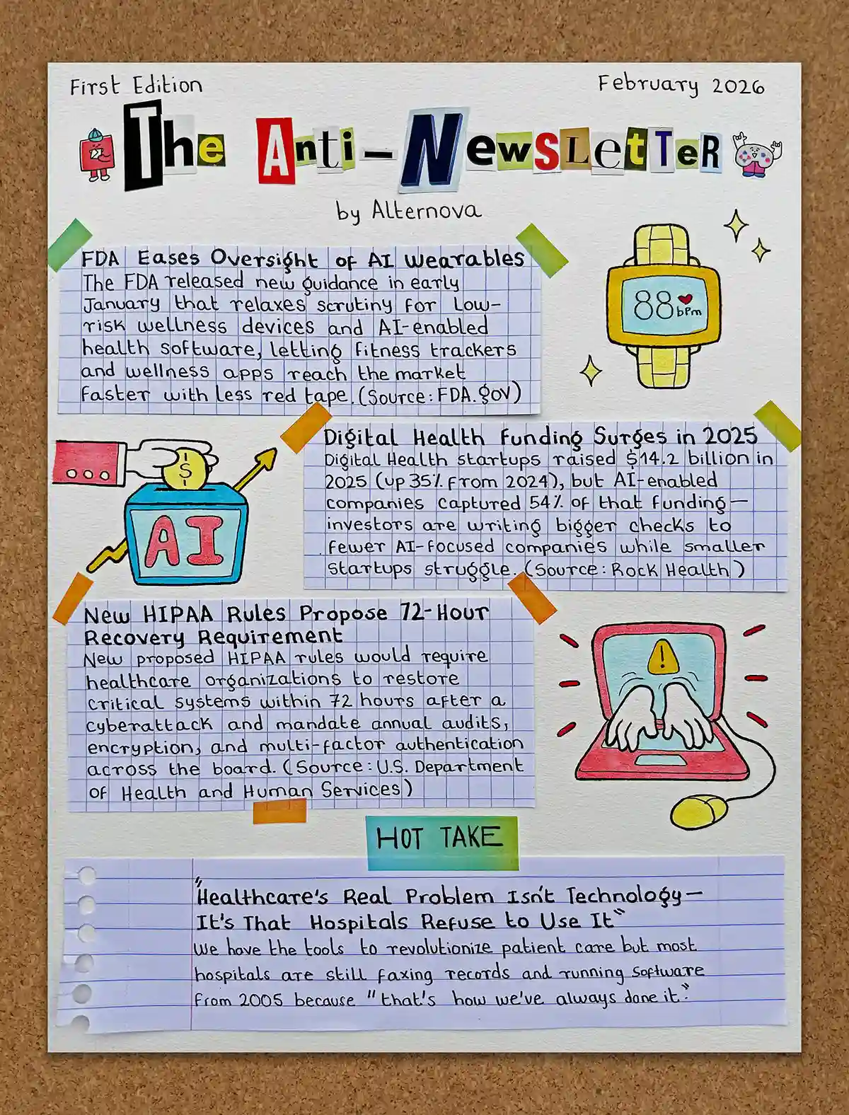 Hand-illustrated scrapbook-style newsletter by Alternova featuring health tech headlines on FDA AI wearables, digital health funding, and HIPAA cybersecurity rules, with colorful doodles of a smartwatch, an AI robot, and a laptop with a warning symbol.